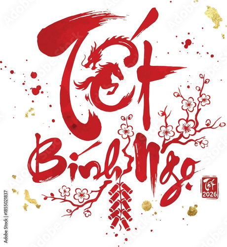 Vietnamese Calligraphy Lunar New Year Greeting Typography – Traditional Tet Red Brush Lettering
