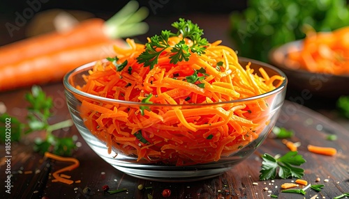 Vibrant Grated Carrot Salad With Fresh Parsley Sprinkled On Top Served In A Clear Glass Bowl With Whole Carrots And Greenery In The Blurred Background On A Dark Wooden Surface