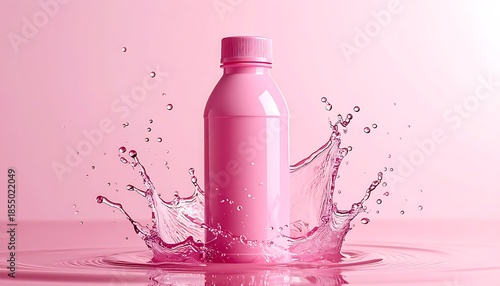 Pink bottle splashes into rippled pink liquid, against a pink to white gradient background