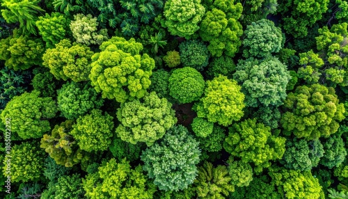 Vibrant Green Forest Canopy Viewed From Above With Dense Trees and Sunlight Filtering Through Leaves