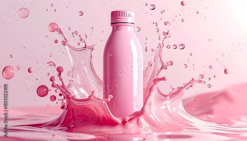 Pink bottle stands amidst a splashing pink liquid, creating a dynamic, refreshing, and visually appealing still life