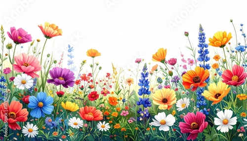 Vibrant Meadow Abloom With Diverse Wildflowers In Full Bloom Under Bright Sunlight A Tapestry Of Reds Pinks Oranges Yellows Blues And Purples Creates A Cheerful Natural Landscape