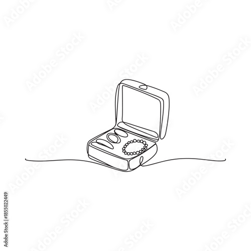 Continuous line drawing of an open jewelry box with necklace and earring