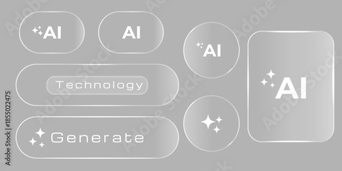 A mock-up of an artificial intelligence interface with glassmorphism buttons and a set of icons for user interface presentation. The concept of artificial intelligence and interface generation