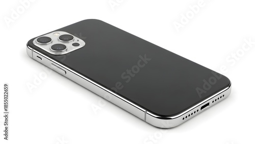 High angle view of a sleek modern smartphone mockup featuring a prominent triple camera system and silver metallic frame against a clean white background