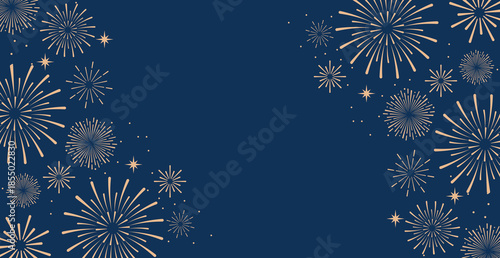 Elegant gold fireworks burst and sparkling stars on clean blue background, festive celebration illustration for New Year, holiday party, greeting card, luxury event design, minimalist style vector.