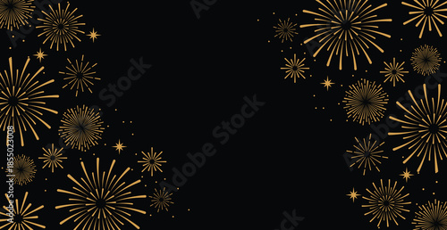 Elegant gold fireworks burst and sparkling stars on clean black background, festive celebration illustration for New Year, holiday party, greeting card, luxury event design, minimalist style vector.