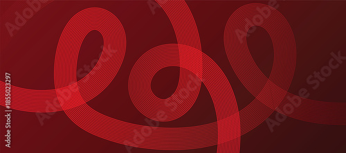 Abstract glowing lines on red background. Geometric stripe line art design. Modern red lines pattern. Background with Wave Rainbow Ribbons