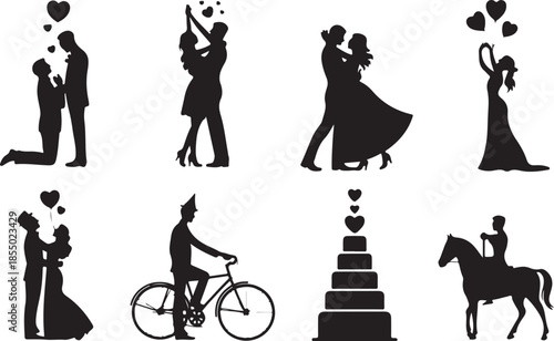 Wedding couple, bride and groom silhouette set