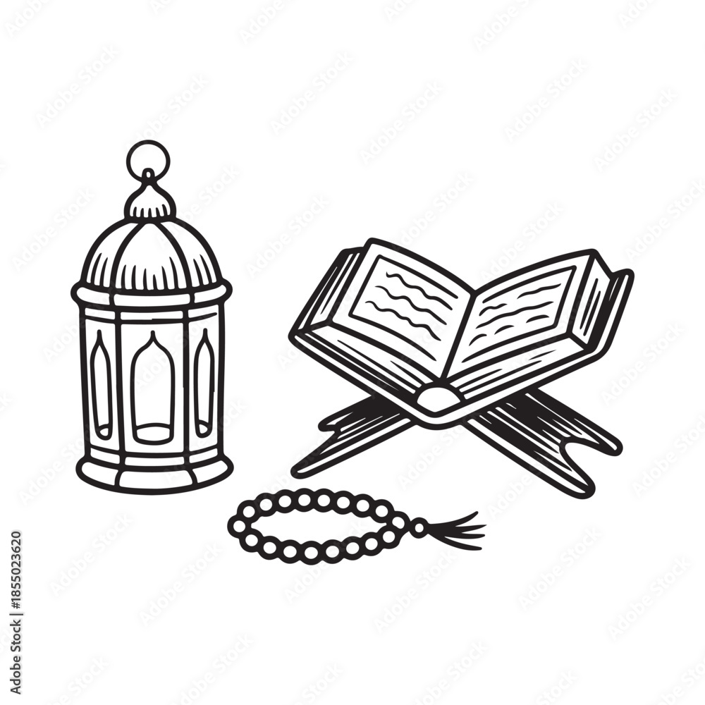 Fototapeta premium Islamic elements a lantern an open book and prayer beads illustration