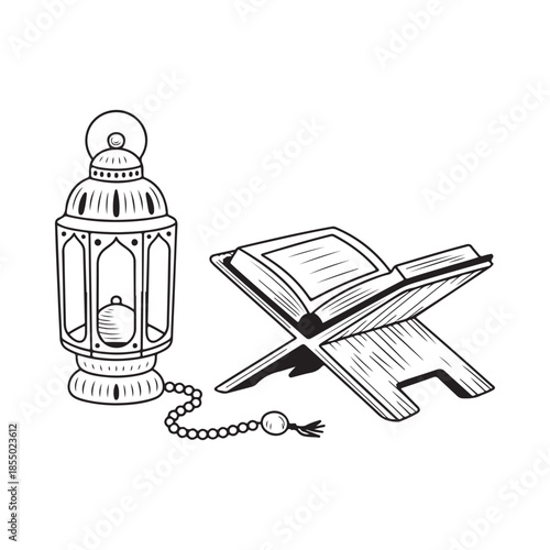 Ramadan decoration with a lantern quran and prayer beads illustration