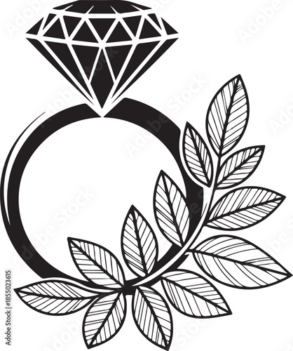 Wedding ring illustration and elegant diamond stone wedding flowers silhouette sketch