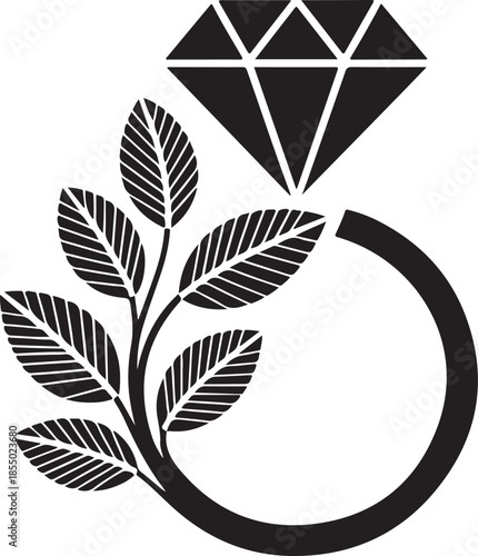 Wedding ring illustration and elegant diamond stone wedding flowers silhouette sketch