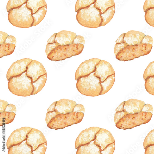 Seamless watercolor amaretti cookie pattern, traditional Italian almond biscuits hand painted in soft tones, European dessert repeat background for fabric, stationery, wrapping paper and packaging