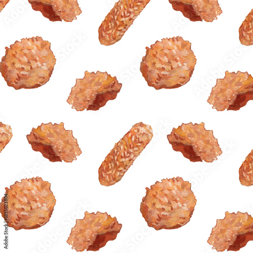 Watercolor Italian biscuit seamless pattern with Krumiri and Biscotti Regina, crunchy cookie sticks and sesame biscuits, hand painted traditional bakery snacks repeating background