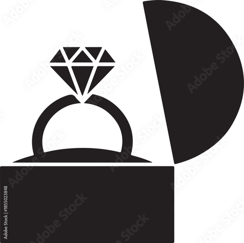 Wedding ring in gift box icon black on white background. Ring with diamond as a symbol of love, a sign of a marriage proposal. Jewelry isolated. Vector illustration flat design