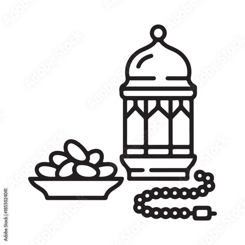 black line art ramadan lantern, dates, beads clip art preview