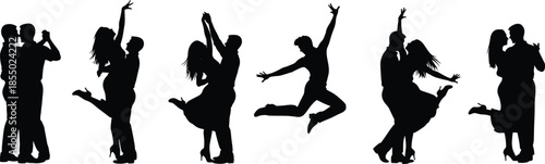 Dance silhouette, couple pose, solo dancer, expressive movement, black and white, elegance, jump, lift, embrace