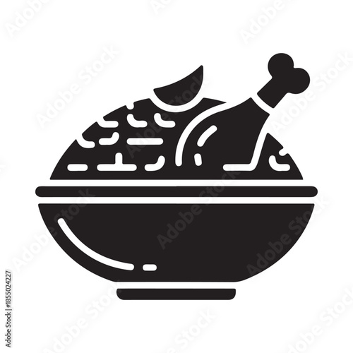A black and white illustration of a bowl filled with chicken and rice