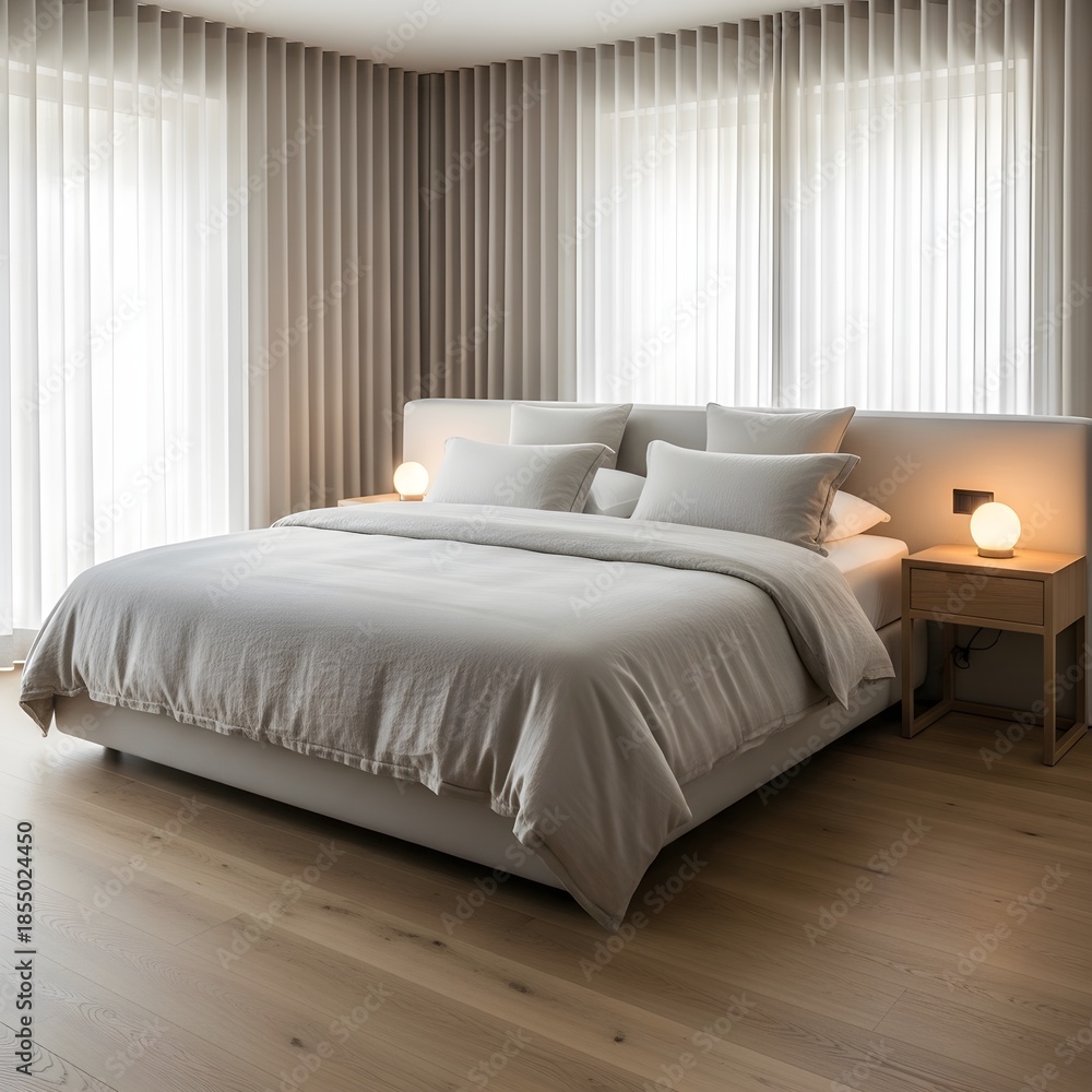 Fototapeta premium Comfortable and Serene Bedroom Interior with Large Bed and Soft Curtains