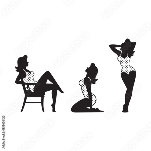 Vintage pin up silhouettes of women in various poses and swimwear