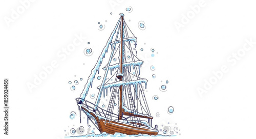 Sailboat mast covered in frost with icy droplets on white background  