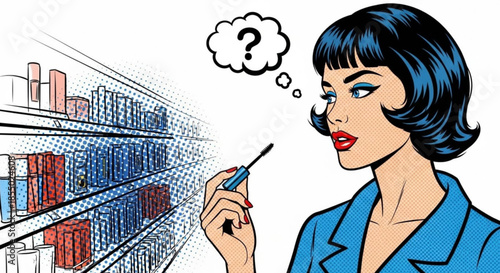 Woman contemplating while choosing mascara in cosmetics store  