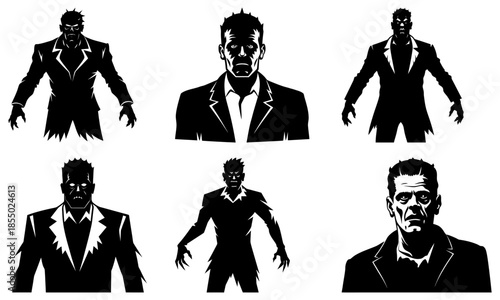 Five Black and White Silhouettes of Zombies in Suits with Lightning Accents on White Background