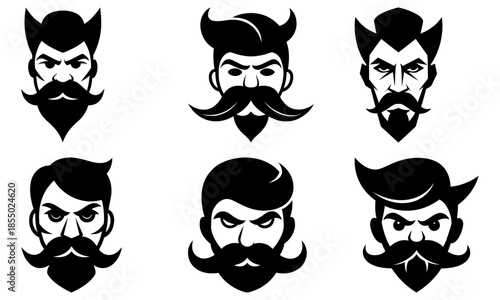 Six Angry Bearded Devil Faces with Horns on White Background