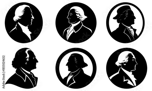 Six black and white silhouette portraits of historical figures in circular frames on transparent background