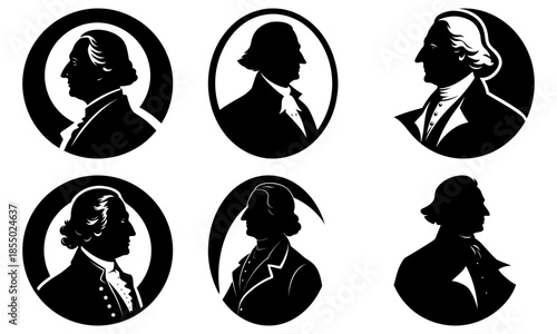 Six black and white silhouette portraits of historical figures with transparent background