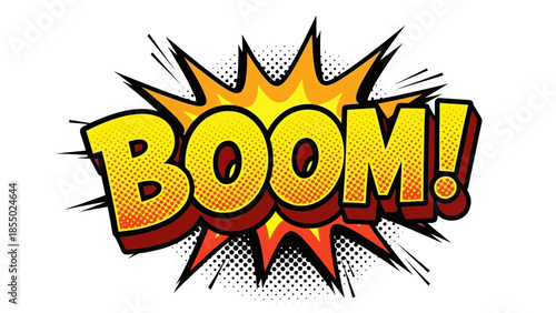 Boom comic book explosion sound effect pop art style.
