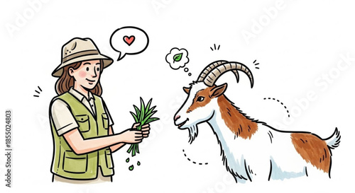 Woman feeding goat while smiling in safari park environment  