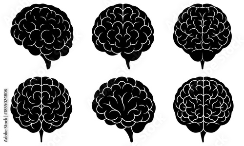 Six black and white brain silhouettes on a transparent background