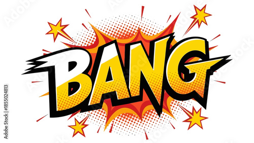 Comic book style BANG explosion sound effect graphic.