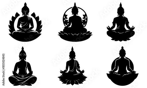 Six Black Silhouettes of Buddha Meditating on Lotus Flowers with Transparent Background meditation