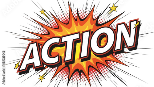 Action comic speech bubble with explosion effect and stars.