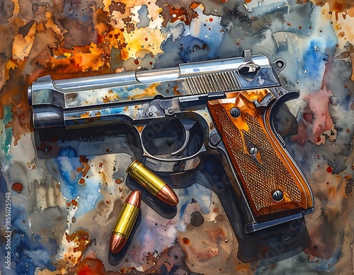 Pistol and two bullets pictured with artistic watercolor rendering