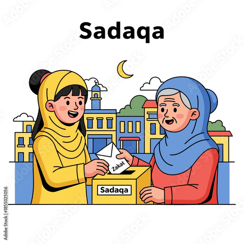 Two Muslim women in headscarves exchanging a paper in front of a colorful town with buildings and a crescent moon in the sky.