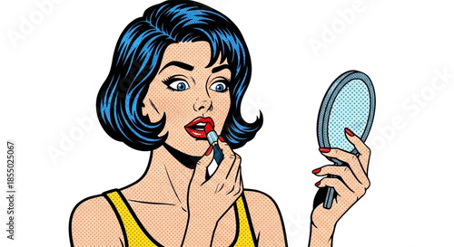 Woman applying lipstick while looking in hand mirror  