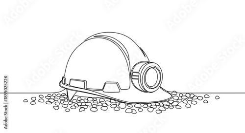 Mining helmet resting on gravel ground in simple line art style  