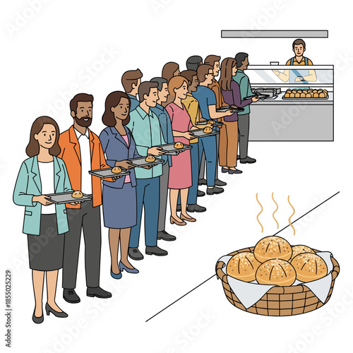 People stand in a long line, waiting in a queue with trays, towards a food service. 