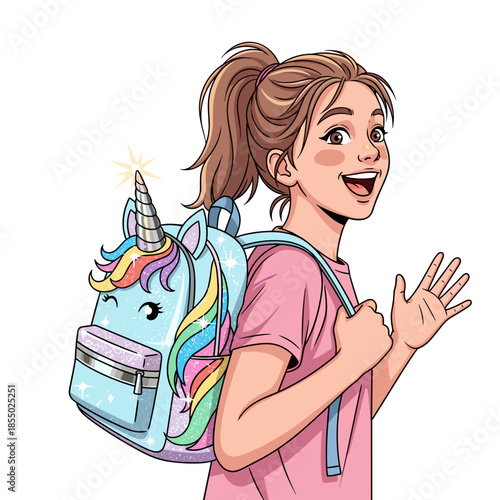 A young girl cheerfully waves while carrying a unicorn-themed backpack. 