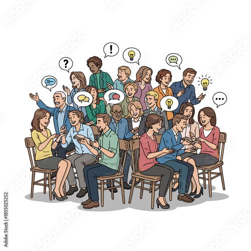 A diverse group of people engaged in collaborative discussion and sharing ideas. 