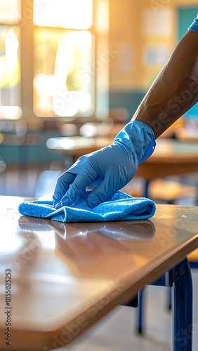 Person in blue gloves wipes a desk in a classroom, bright sunlight in background blurs details