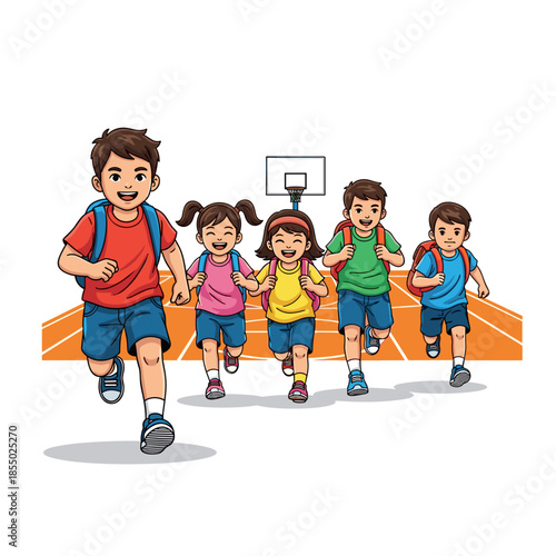 Children happily running with backpacks. 