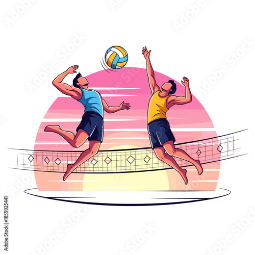 Dynamic action scene of a volleyball game with two players and a net against a sunset backdrop. 