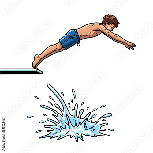 A person diving from the springboard into the pool water. 