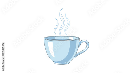 A light blue cup with a handle filled with a steaming hot beverage, isolated on white