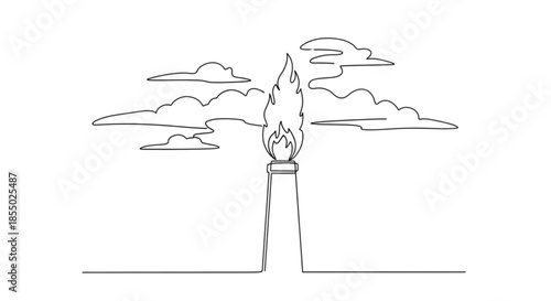 Line art of a gas flare emitting flame against cloudy sky  